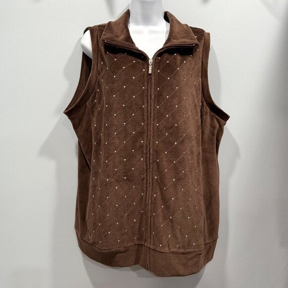 Quacker Factory Velour Zip Vest Rhinestones Pockets Western Rodeo Brown Sz L NEW - Picture 4 of 11
